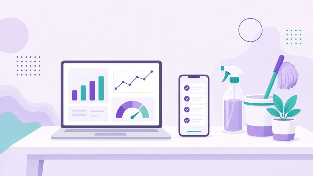 Illustration av en dashboard med diagram och mätare bredvid städutrustning