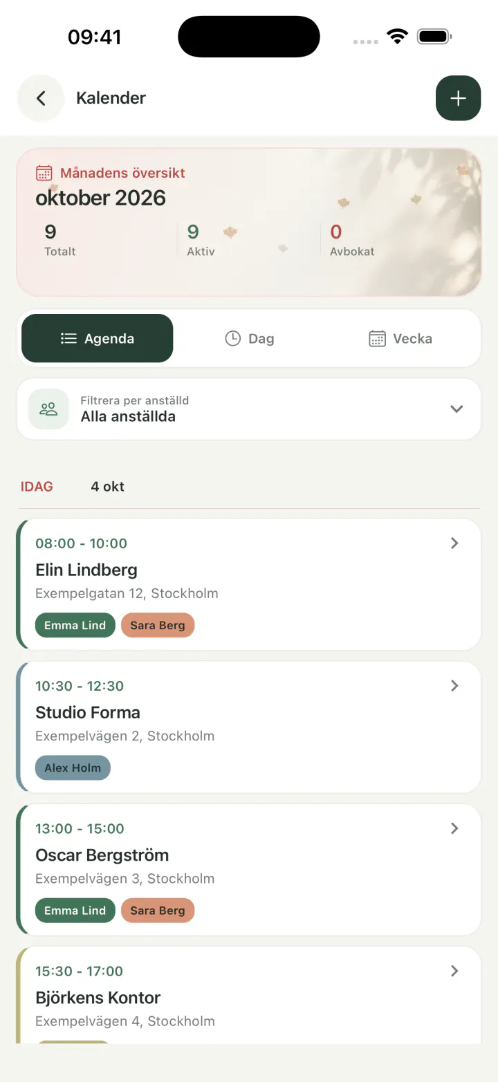 Planificación de visitas en el calendario de la aplicación móvil de Wisegent
