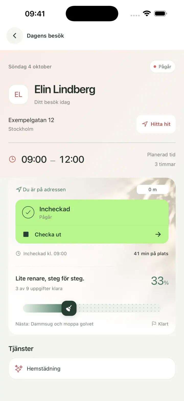 Detalles de la visita y tiempo de trabajo en la aplicación móvil de Wisegent