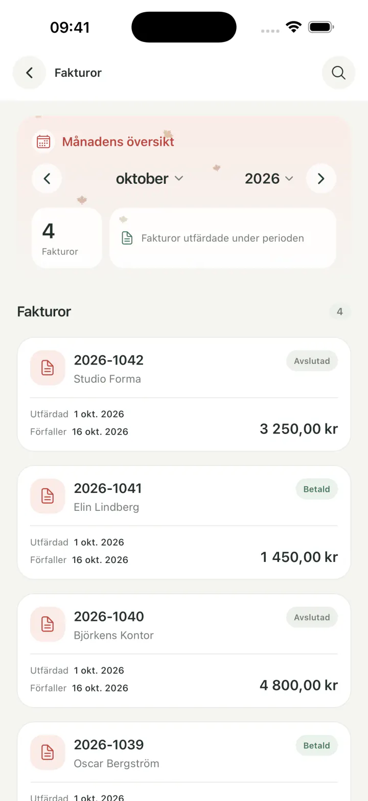 Facturas con importes, fechas de vencimiento y estado en la aplicación móvil de Wisegent